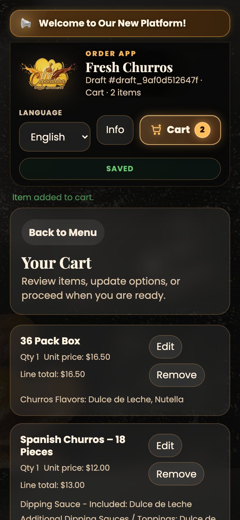 Cart screen with two items, totals and the Go to Checkout button