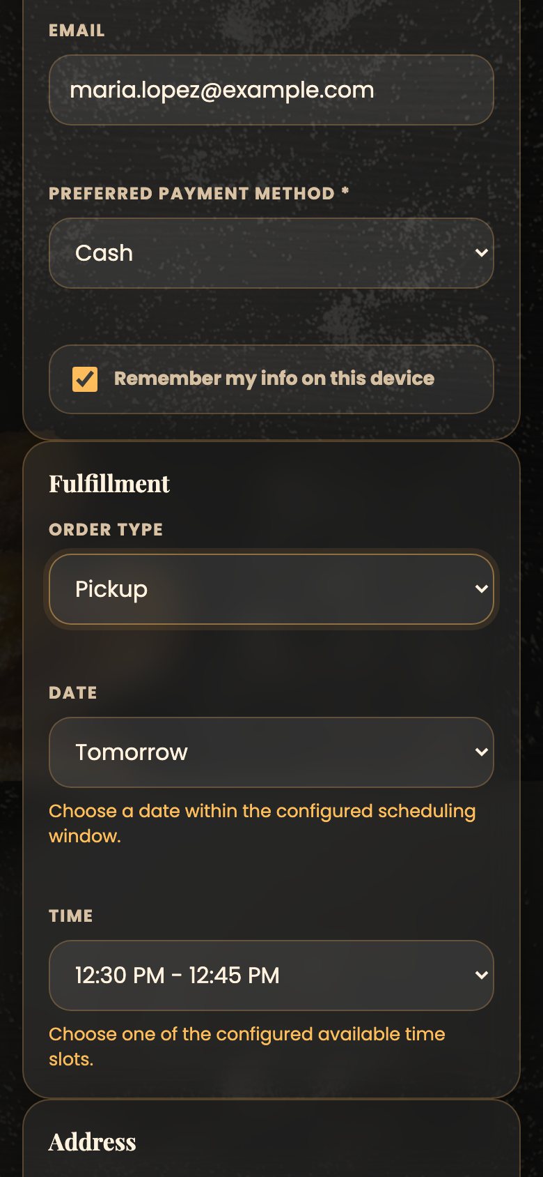 Fulfillment section with order type, date and time selectors