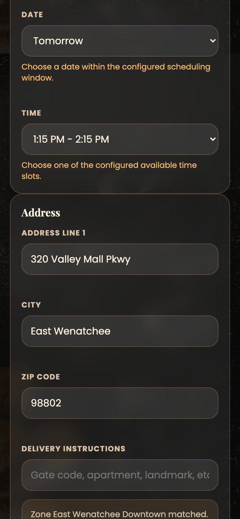 Delivery address fields for street, city and ZIP code