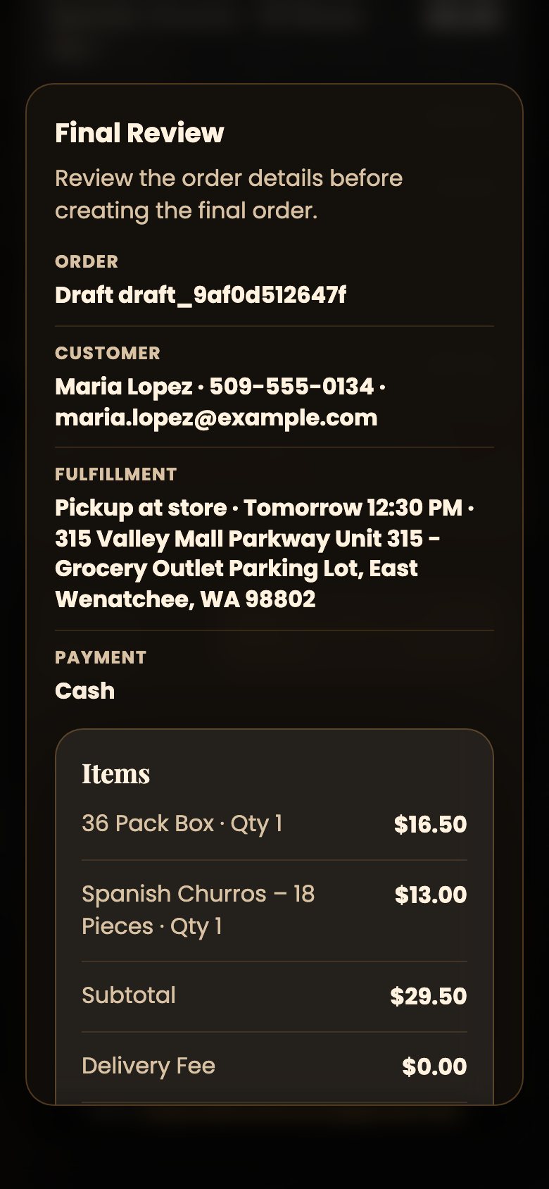 Final review window with the order items and the confirm button